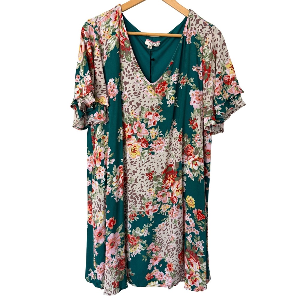 Andree by Unit 1X Green Floral Leopard Print V-Neck Ruffle Sleeve Dress NEW